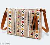 Printed net fabric fancy side sling bag, double main compartment with front and back pockets, adjustable long belt, 7"x9" inches, quality Indian craftsmanship